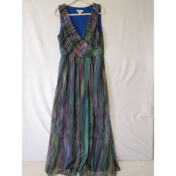 Coldwater Creek Maxi Dress Size 14 Sleeveless Multicolor Rainbow Striped V Neck - Picture 1 of 7